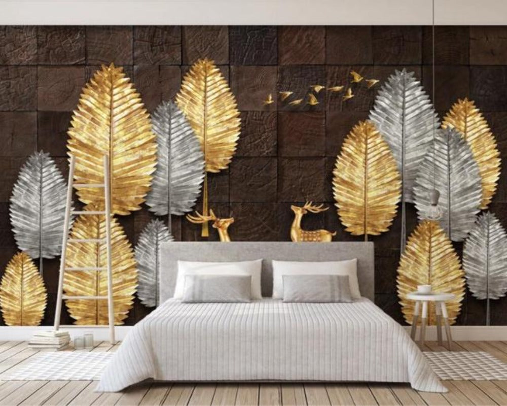 3D Wallpaper Wood Golden Leaves